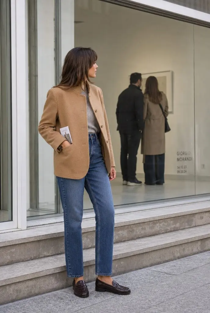 camel blazer over jeans with penny loafers, smart casual fall capsule outfit