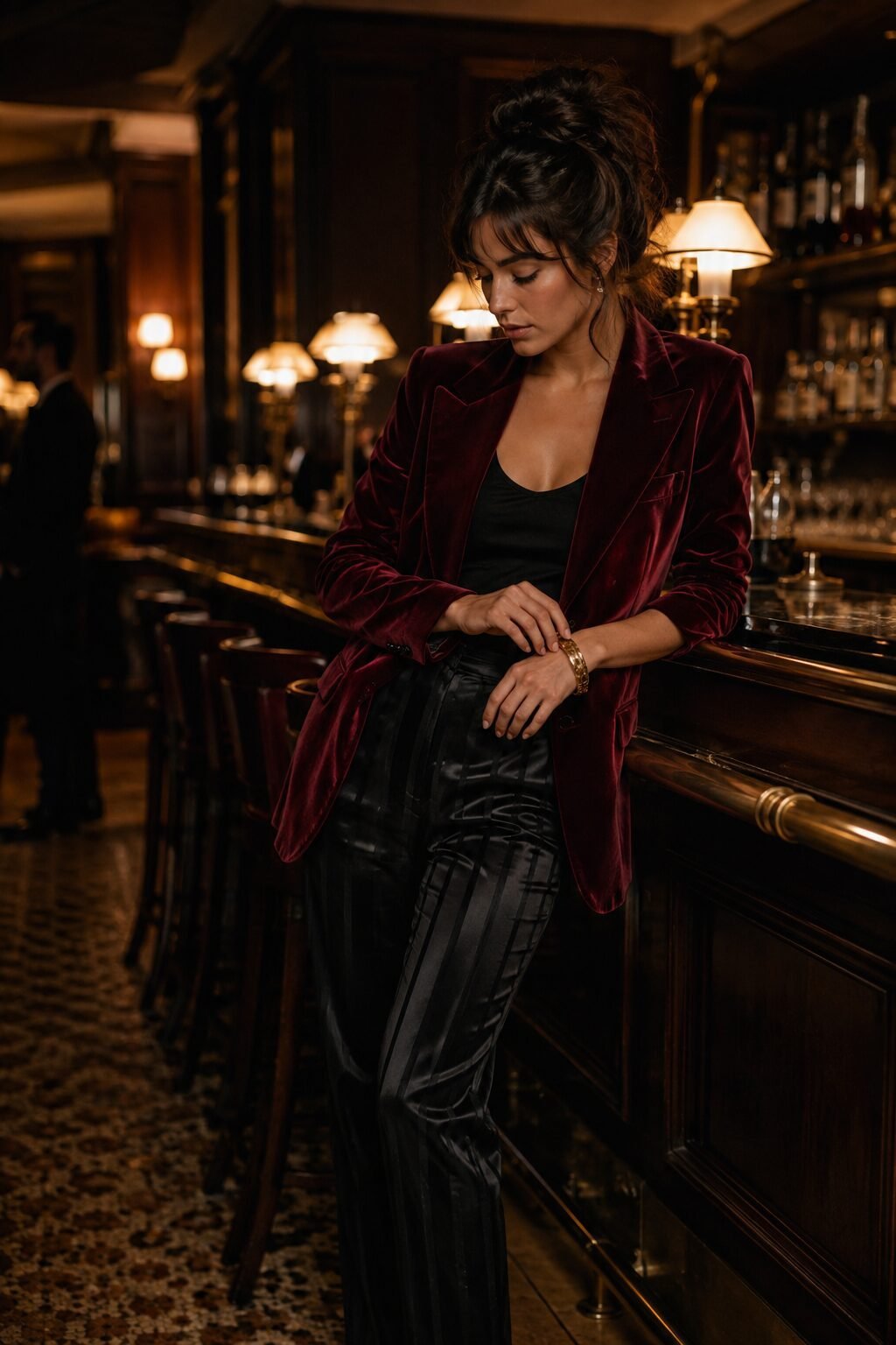 burgundy velvet blazer outfit for evening out, velvet jacket with black tuxedo-striped trousers