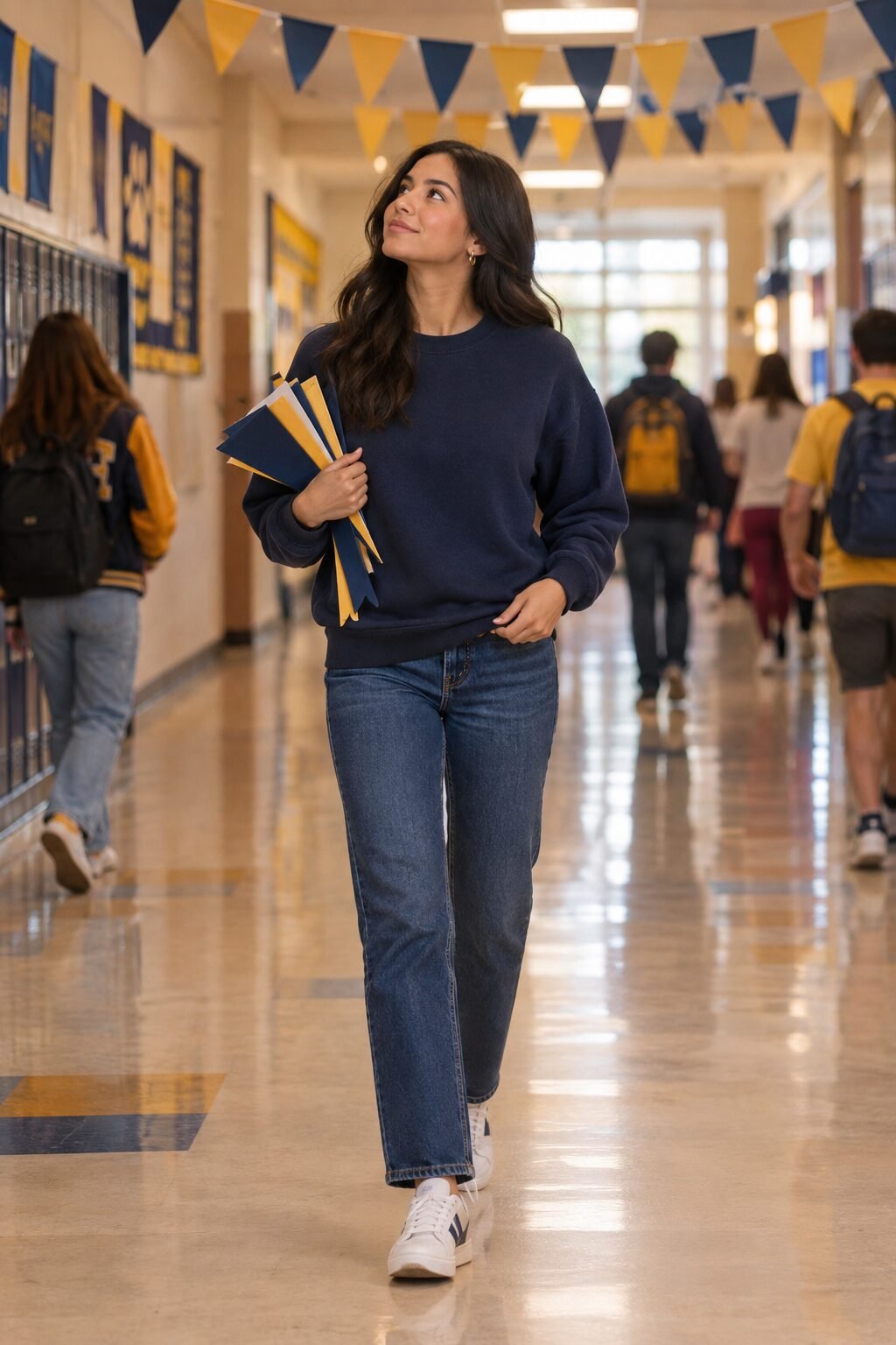 school spirit week teacher outfit: navy boxy crewneck sweater, straight-leg denim, and white sneakers