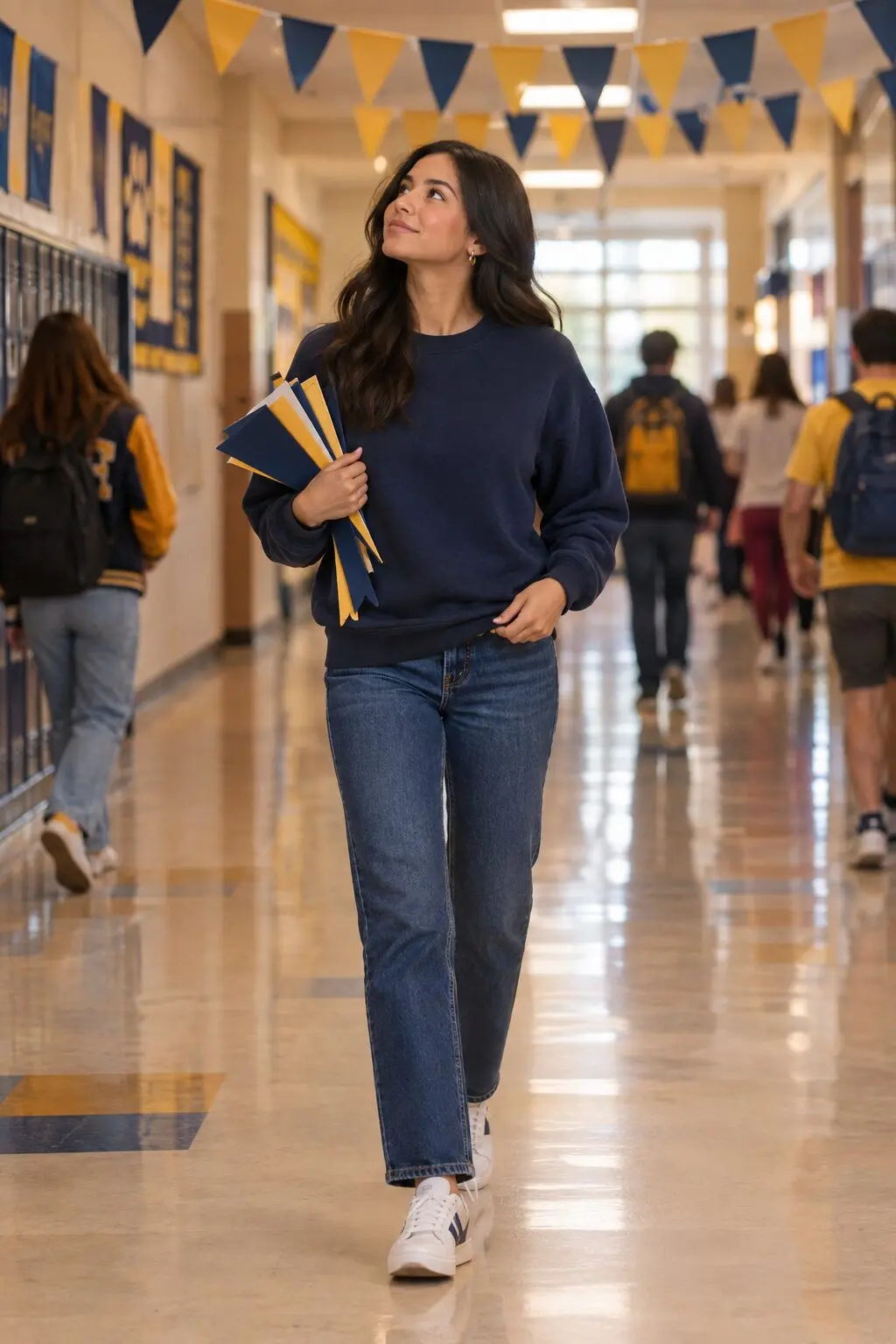 school spirit week teacher outfit: navy boxy crewneck sweater, straight-leg denim, and white sneakers