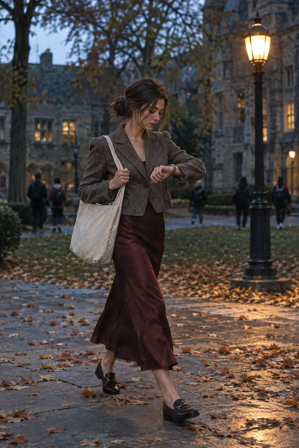 dark academia scholar Halloween outfit: heather brown knit blazer with maroon crepe slip skirt