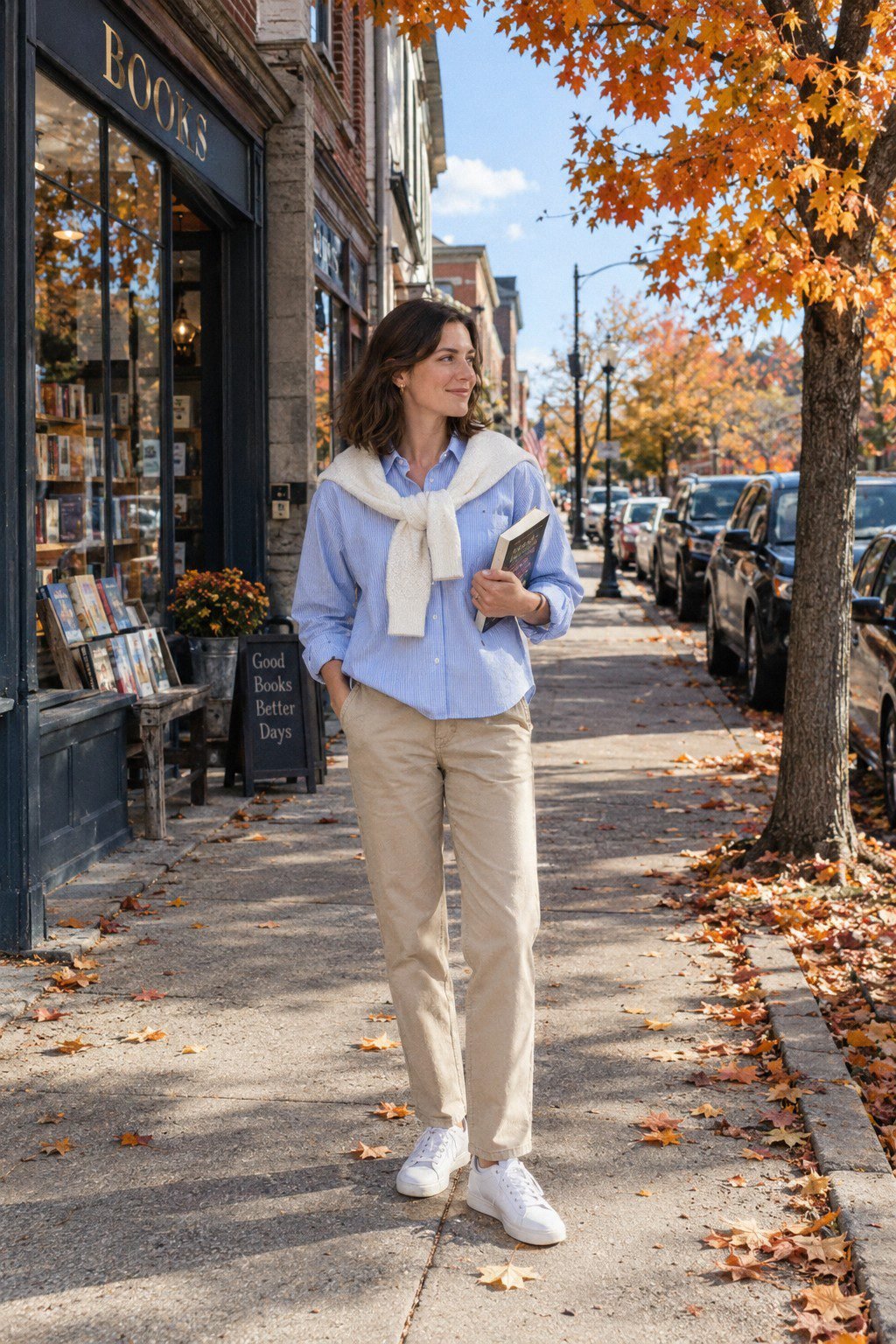 fall layering outfit: boxy blue-and-white oxford shirt with a white merino sweater draped over the shoulders