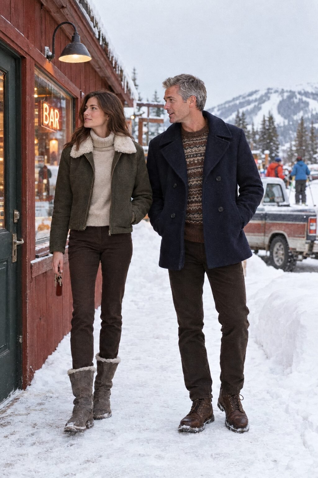 old money couple outfit for apres-ski: oatmeal cashmere funnel neck sweater, dark olive wool-blend jacket with shearling collar and grey shearling-lined boots
