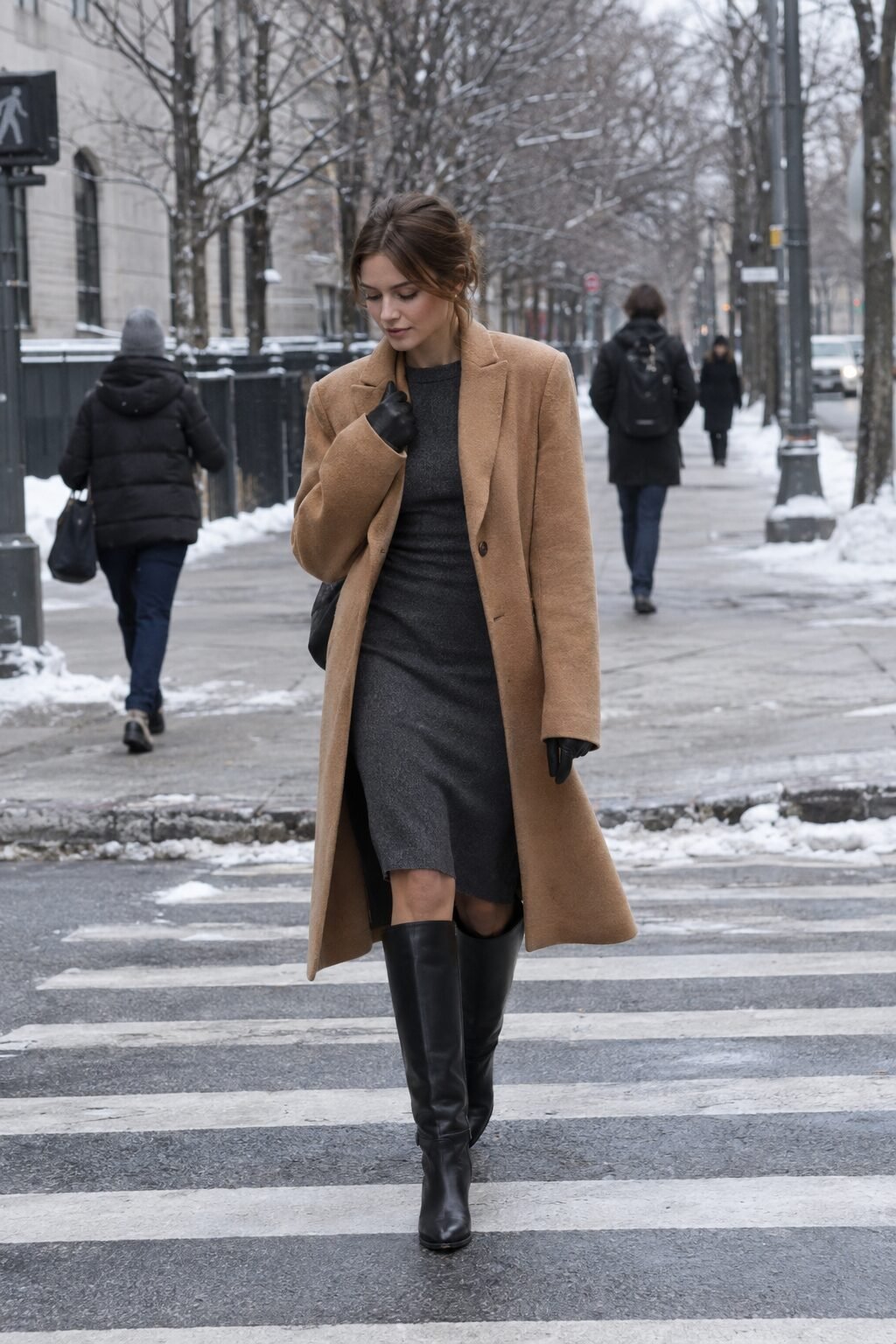 how to style a corporate dress with knee-high boots: charcoal wool sheath dress tucked into black knee-high leather boots under a caramel wool coat