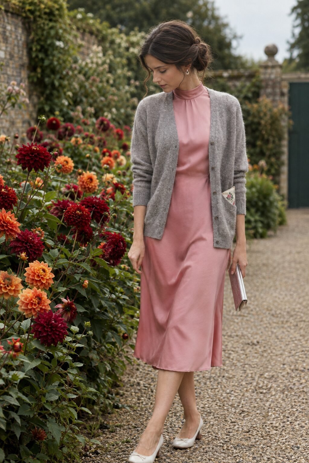 fall wedding guest outfit: vintage pink silk dress with grey alpaca cardigan and silver clutch