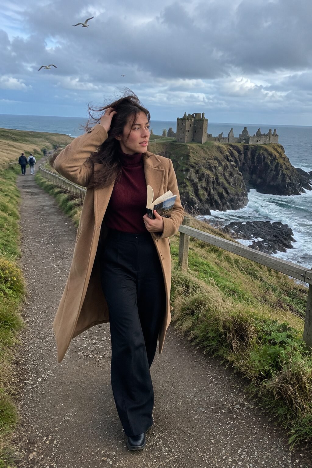 european fall outfit: camel wool coat over a burgundy cashmere turtleneck and black trouser