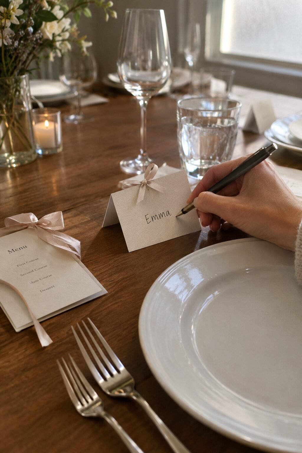 handwritten place card and ribbon tied menu on a holiday table setting