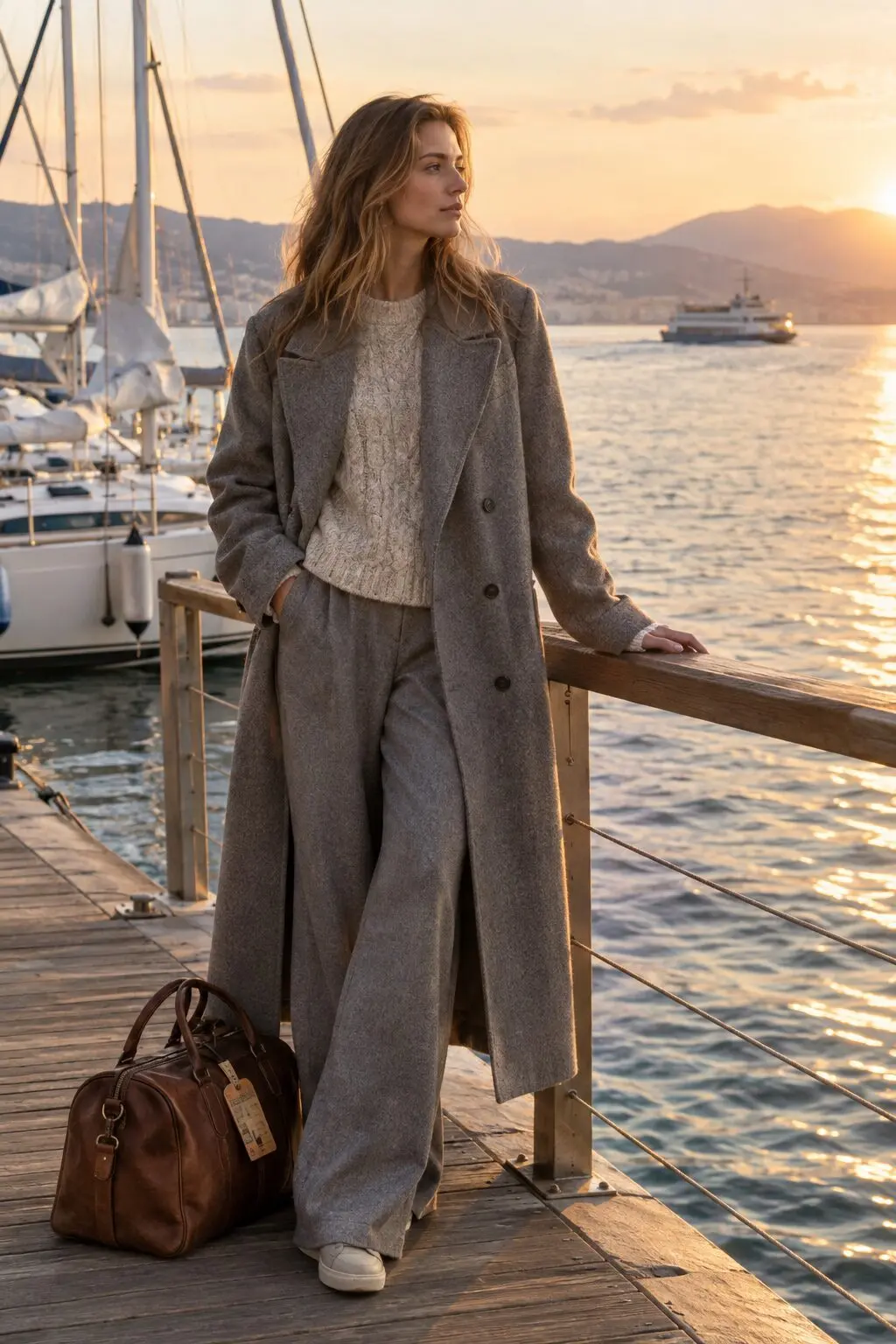 charcoal and grey fall travel outfit: oversized grey wool coat over an oatmeal cable knit sweater