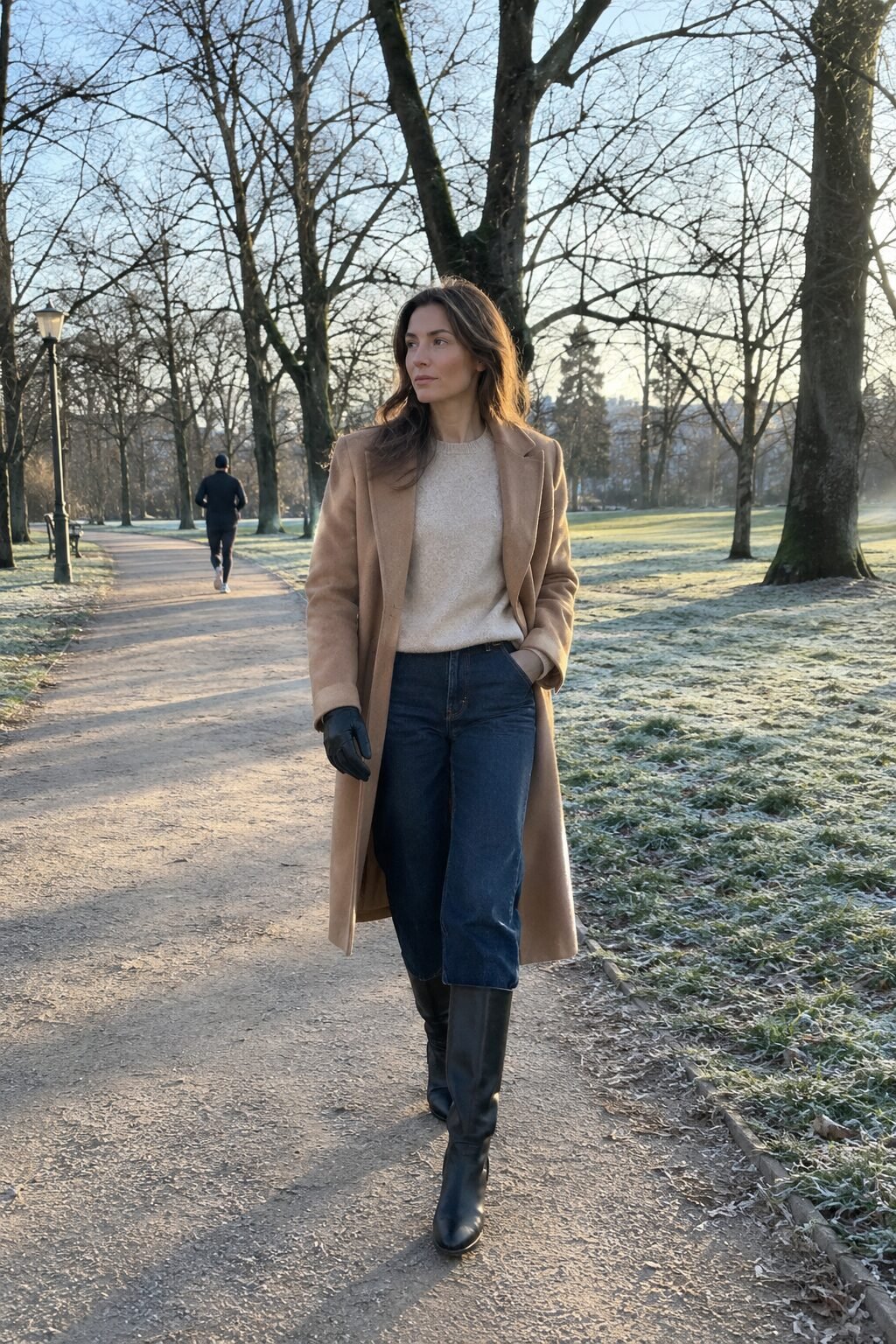 capsule wardrobe 2027 cold weather outfit: camel wool coat, cashmere sweater, straight-leg jeans, black knee-high boots
