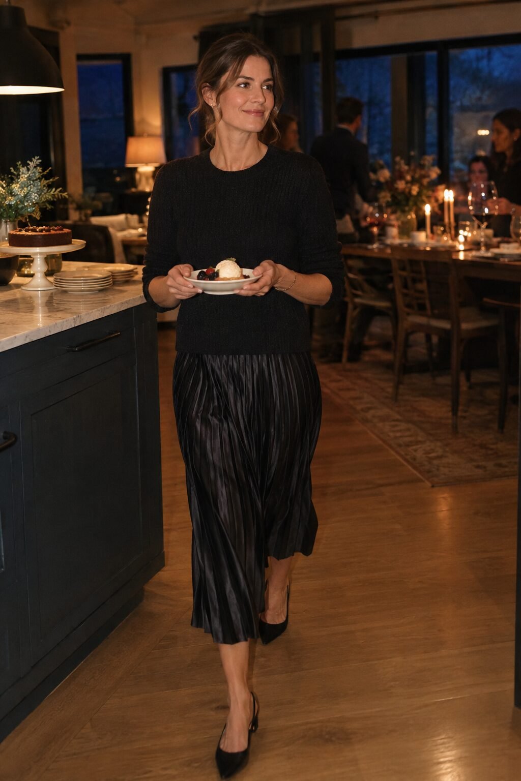 guests drifting toward a set dinner table while dessert waits on a kitchen counter at a holiday party