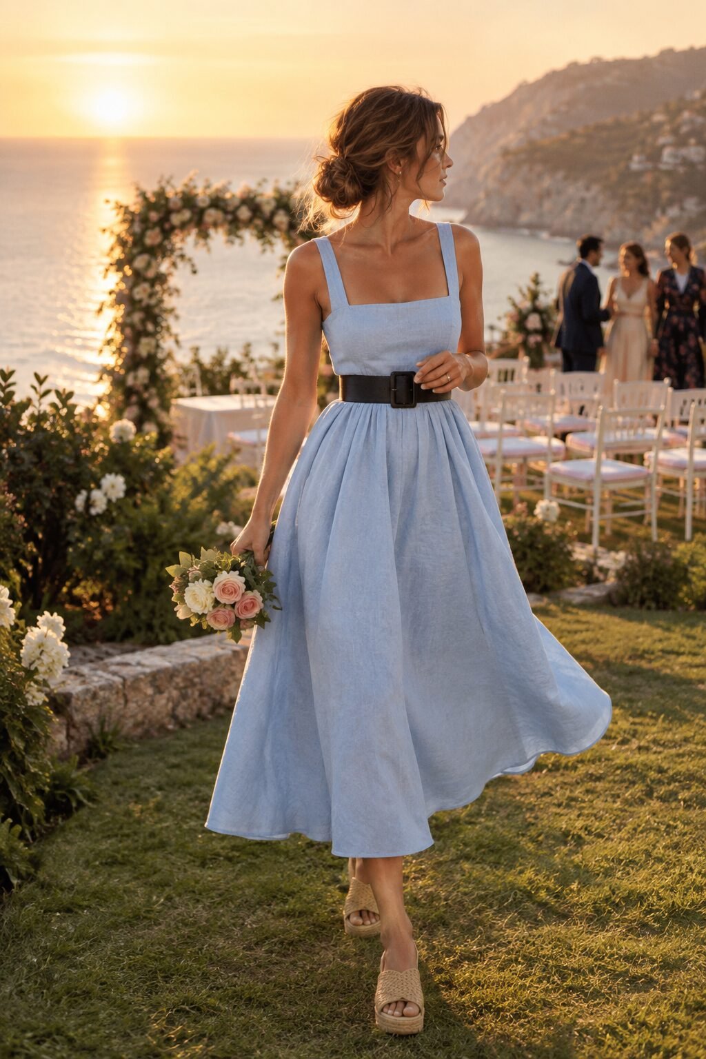 wedding guest linen dress outfit: powder blue linen midi dress with a statement belt and raffia wedge sandals
