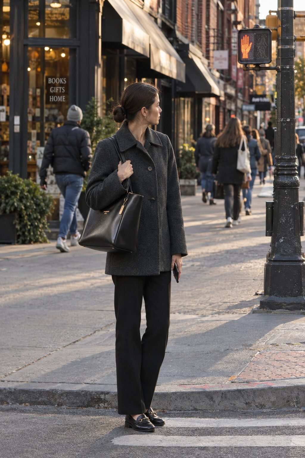 A woman walking through a city street carrying a structured black leather tote on her shoulder