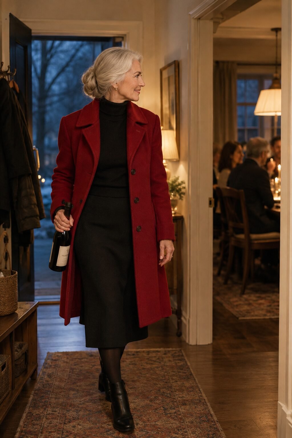 elegant family dinner outfit for a woman in her 70s: rouge red wool-cashmere coat over a black cashmere turtleneck and black a-line skirt