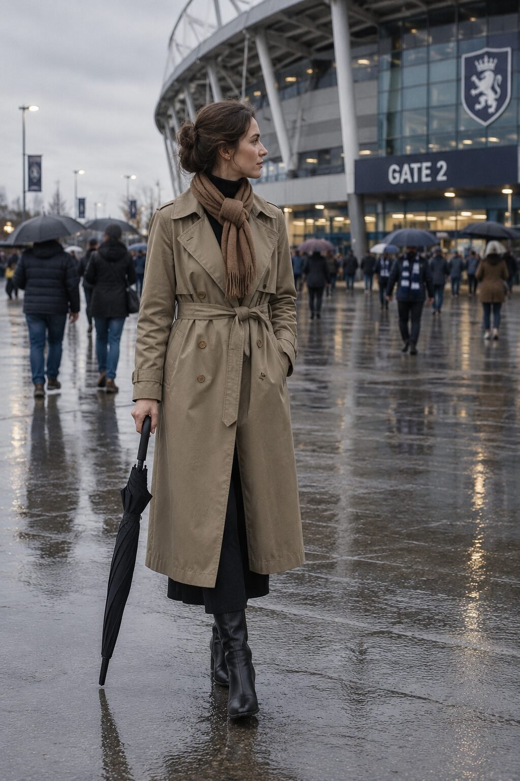 old money tailgate outfit for rain: khaki trench coat, black cashmere turtleneck dress, and heathered toffee cashmere scarf