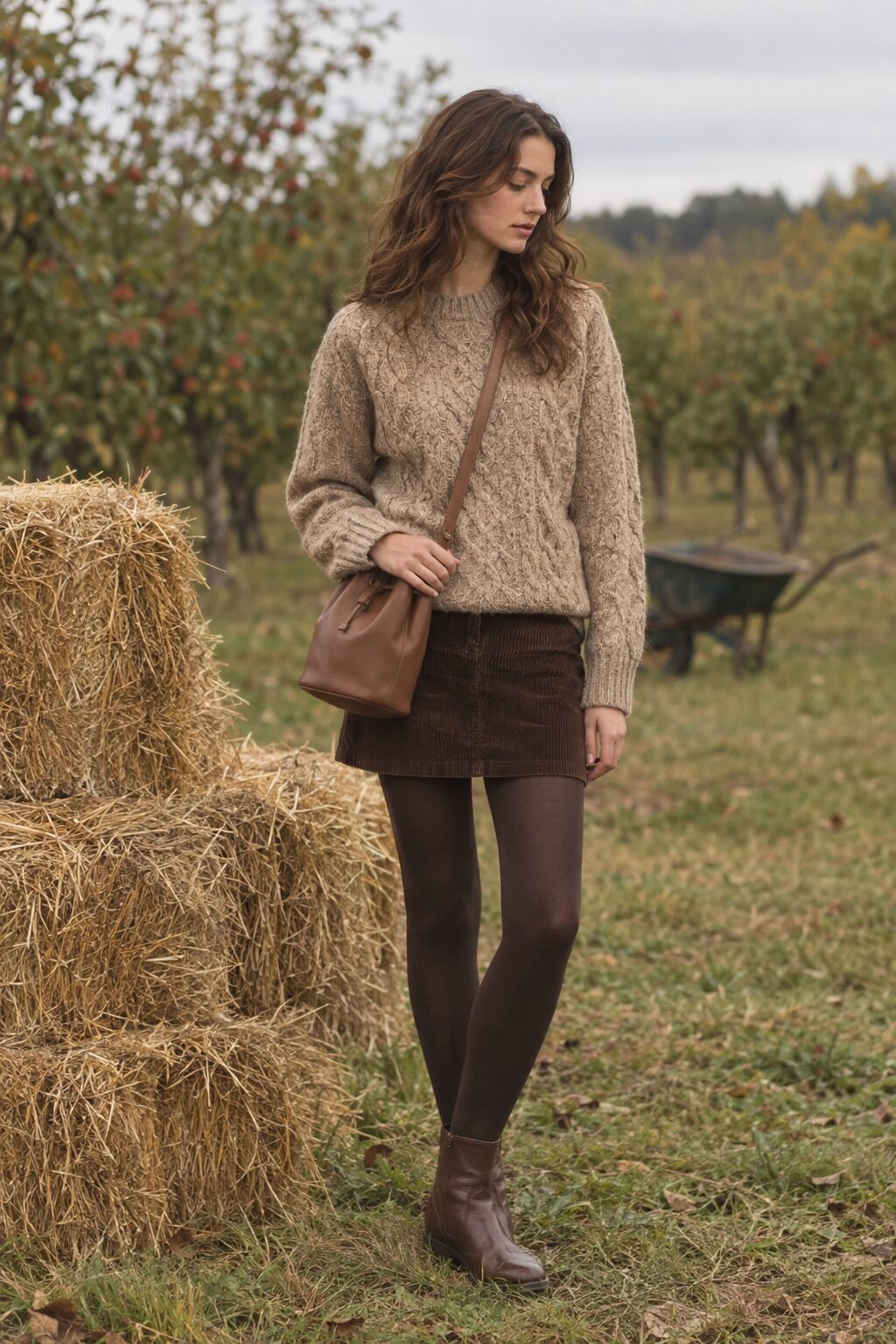 chic apple picking outfit: cashmere fisherman sweater, brown corduroy mini skirt and leather crossbody bag