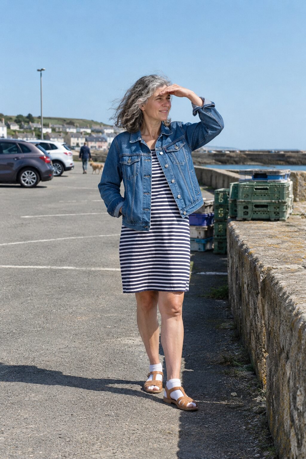 coastal grandmother fall outfit: classic blue denim trucker jacket over a navy striped sleeveless shirt dress