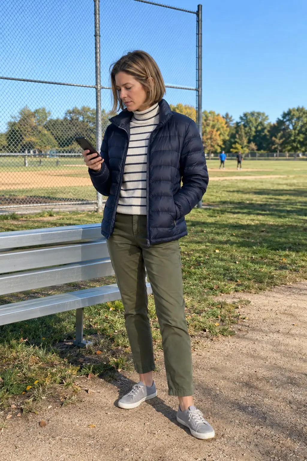 easy mom outfit for soccer sidelines: cream and navy striped turtleneck with packable navy puffer jacket