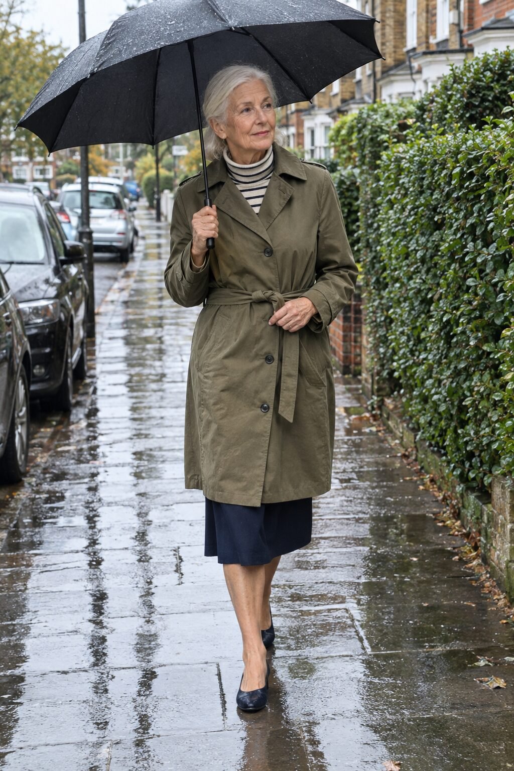 rainy Sunday church outfit for women in their 70s: cream and navy striped turtleneck with an olive belted trench coat