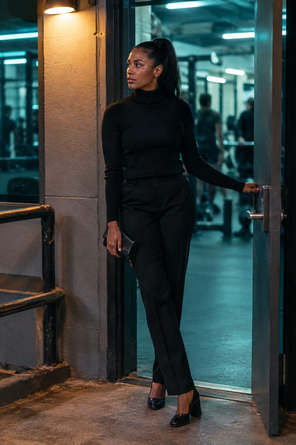 evening chaperone teacher outfit: fitted black turtleneck half-tucked into black trousers with black block heels