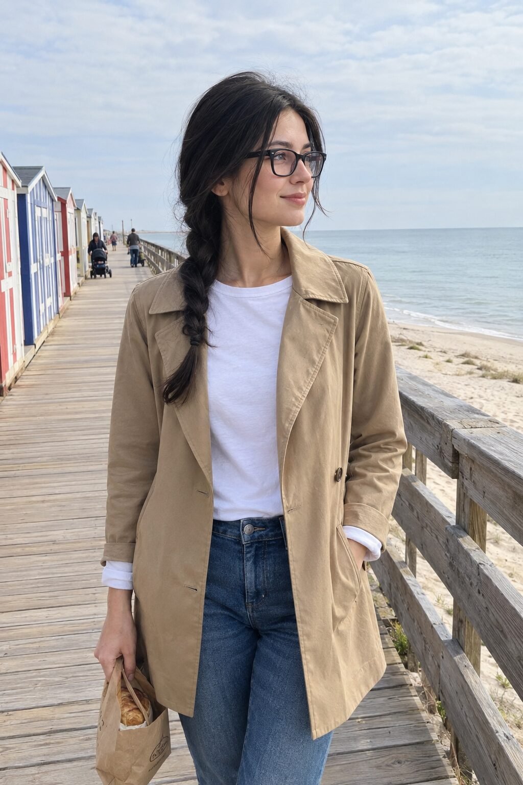 old money style: tan hip-length swing trench coat over a crisp white crew neck tee