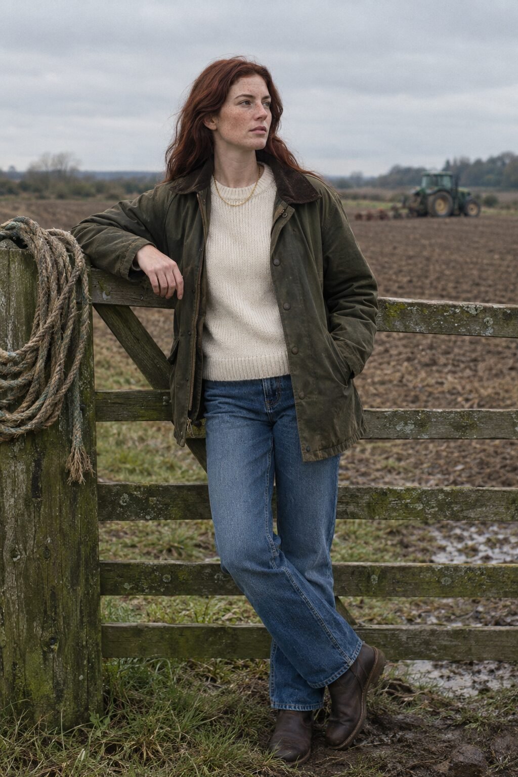 old money countryside outfit: chunky cream crewneck sweater, straight jeans and an olive waxed cotton jacket with a simple gold chain