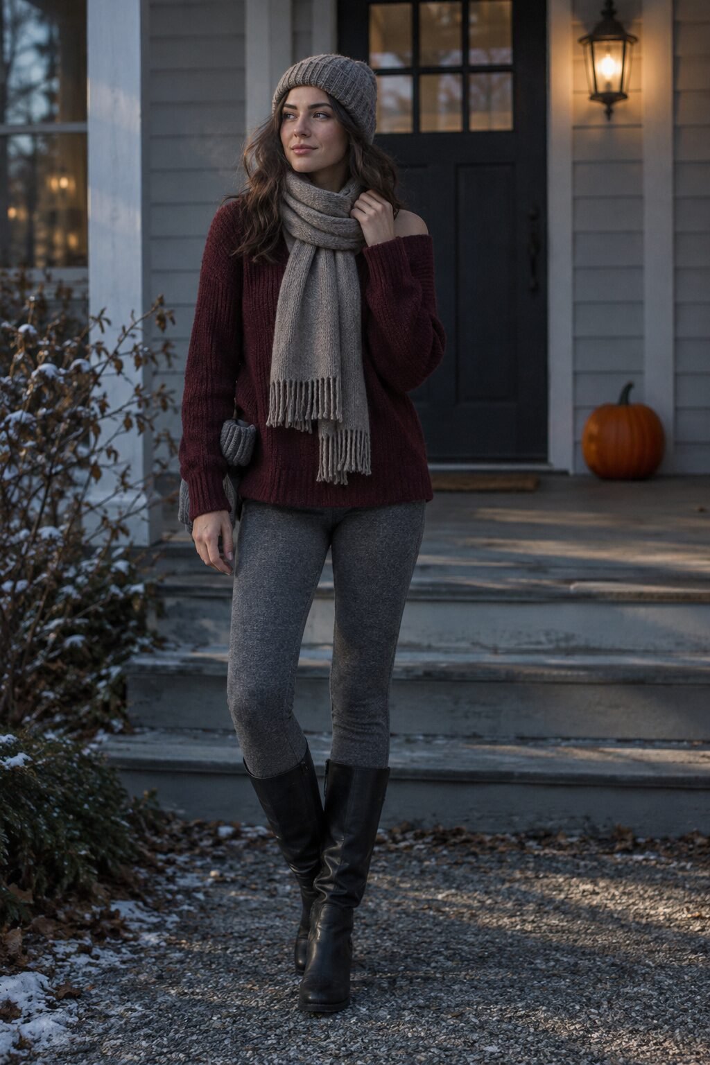 burgundy sweater, cashmere leggings, and a taupe scarf, a warm elevated halloween trick-or-treat outfit under $150