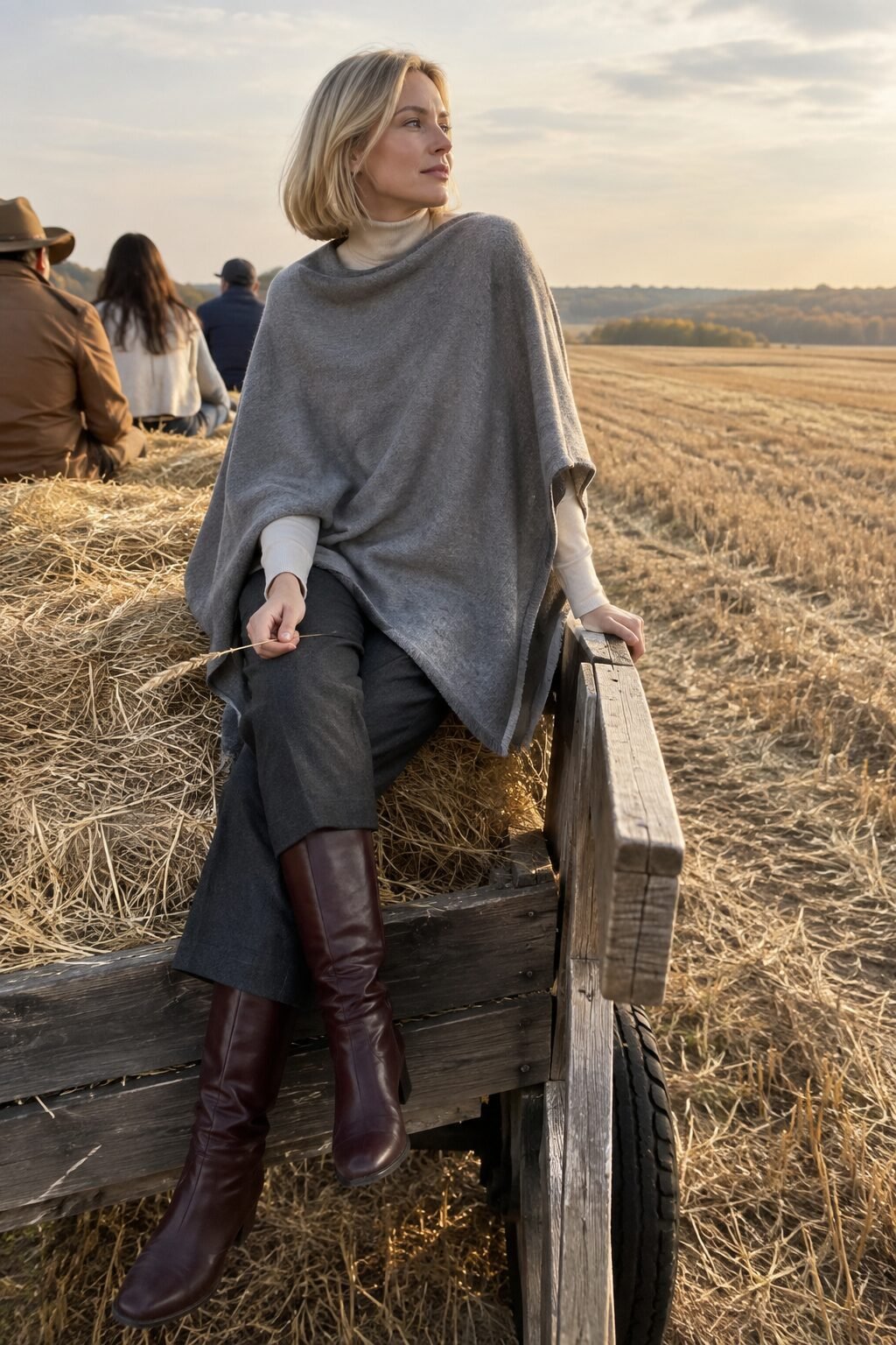 old money countryside fall outfit: heather grey cashmere poncho and tall merlot boots on an open-air hayride