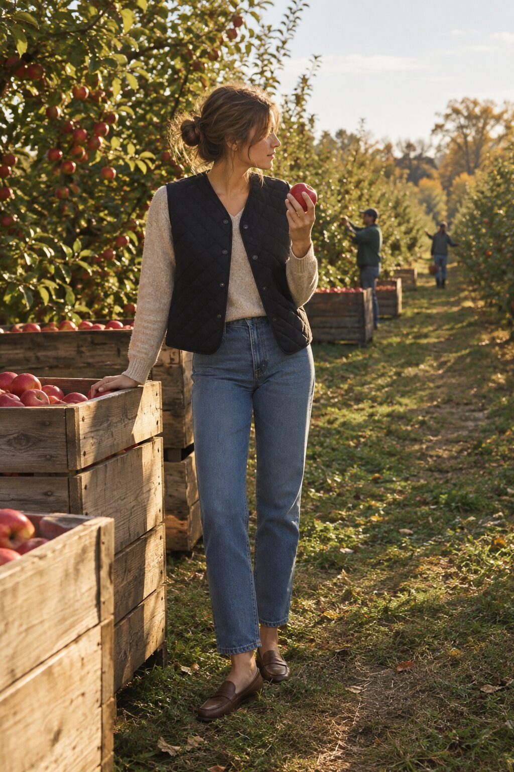 classy fall outfit under $100: black diamond-quilted vest over an oatmeal V-neck sweater with medium-wash straight jeans