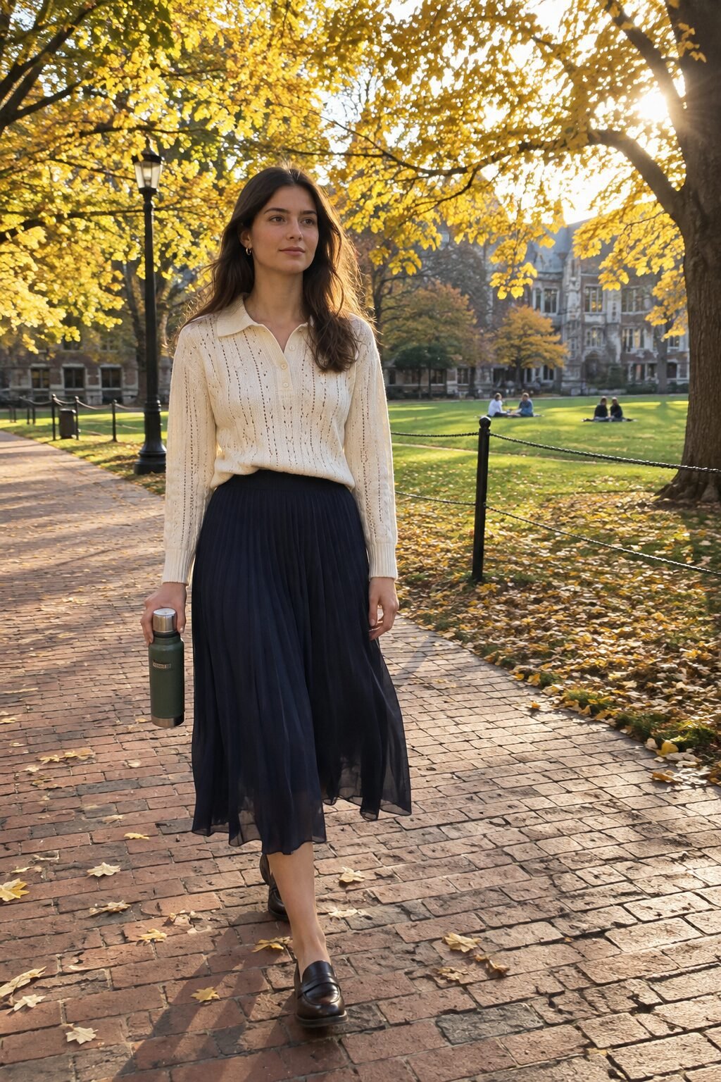 fall outfit: pointelle-stitch polo sweater with a navy pleated midi skirt