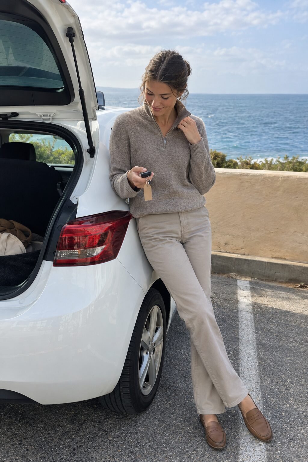 heather soft taupe merino half-zip sweater with light taupe straight-leg twill trousers, tonal airport lounge outfit