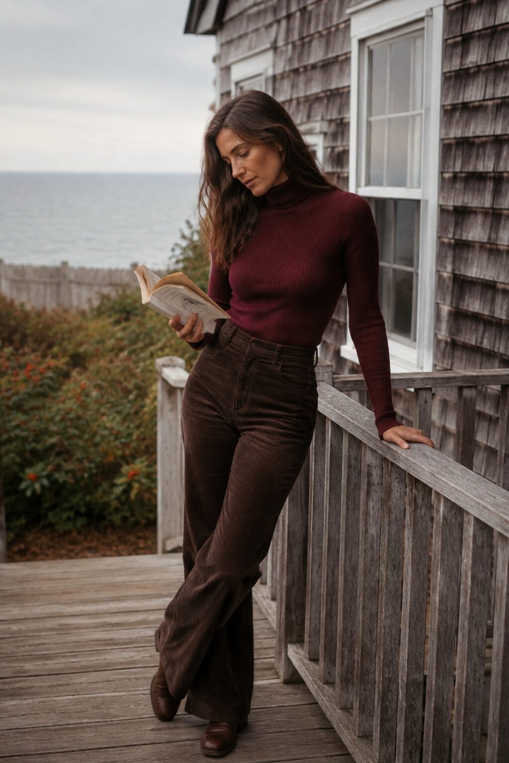 burgundy turtleneck and corduroy trouser fall outfit, cozy weekend look in burgundy and chocolate brown