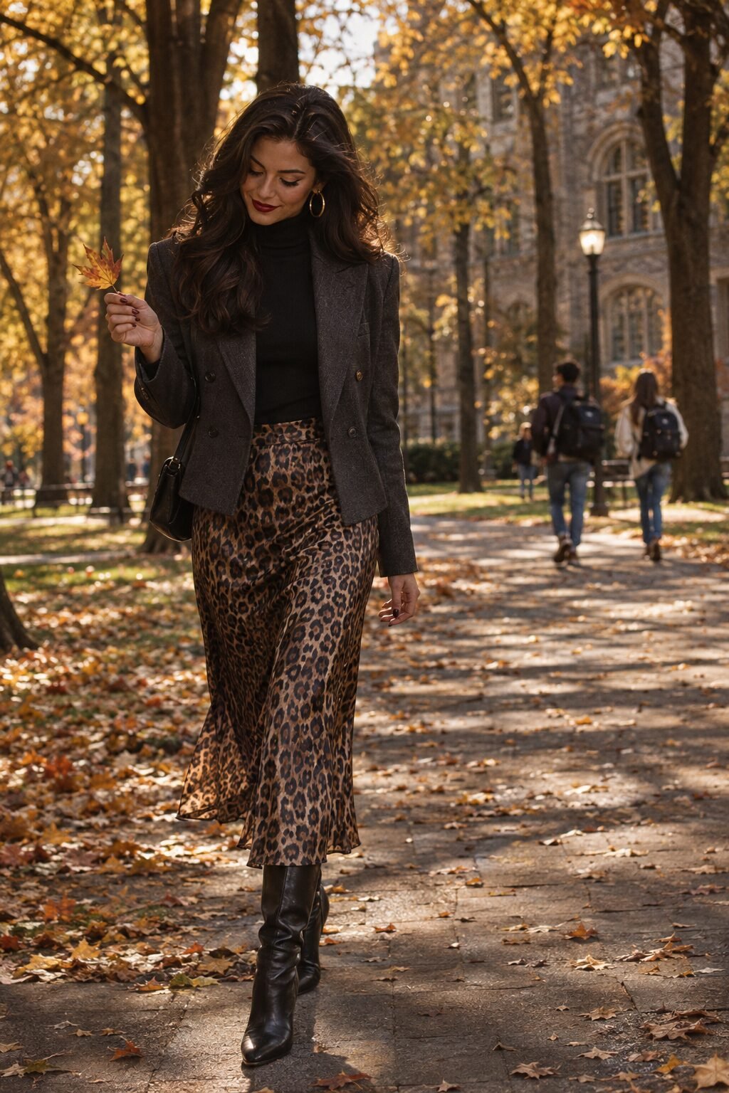 fall workday outfit: leopard print midi skirt with black turtleneck and charcoal blazer