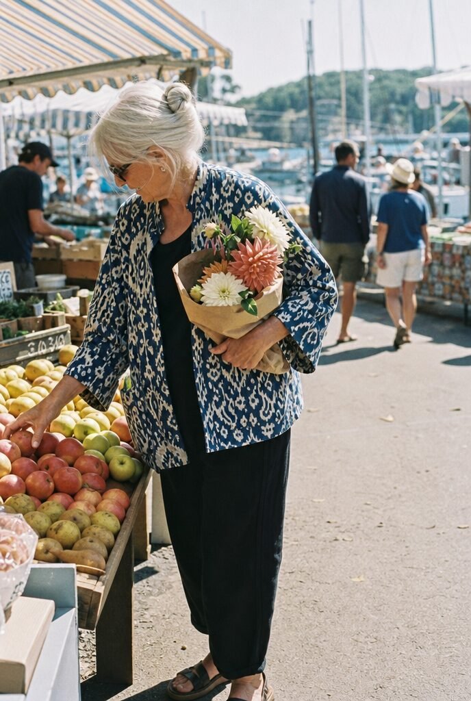 casual fall farmers market outfit for women in their 70s: indigo printed jacket and black trousers