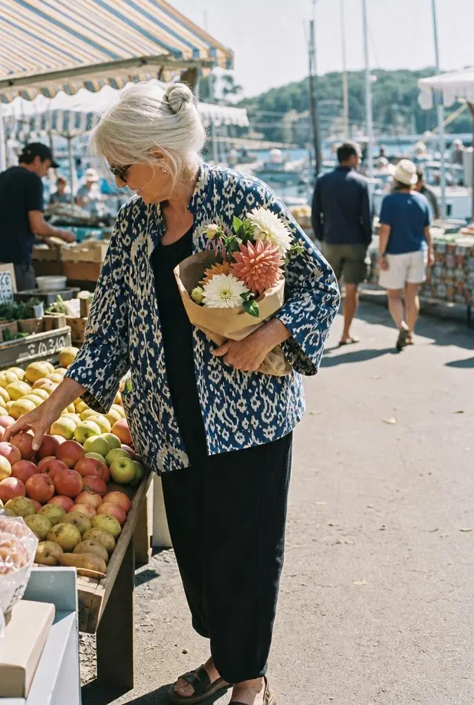 casual fall farmers market outfit for women in their 70s: indigo printed jacket and black trousers