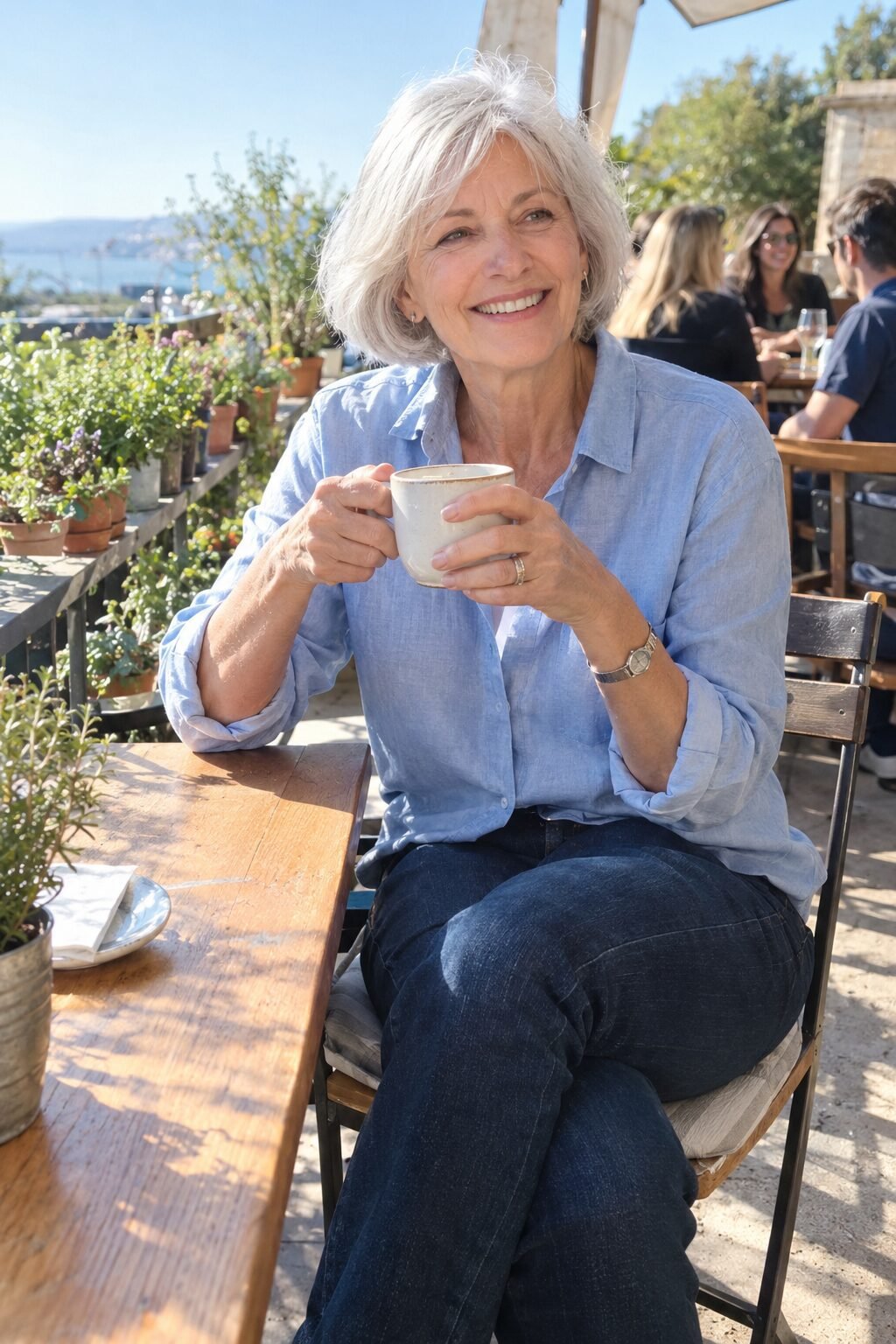 elegant outfit for women in their 70s: chambray shirt with a straight indigo ankle jean