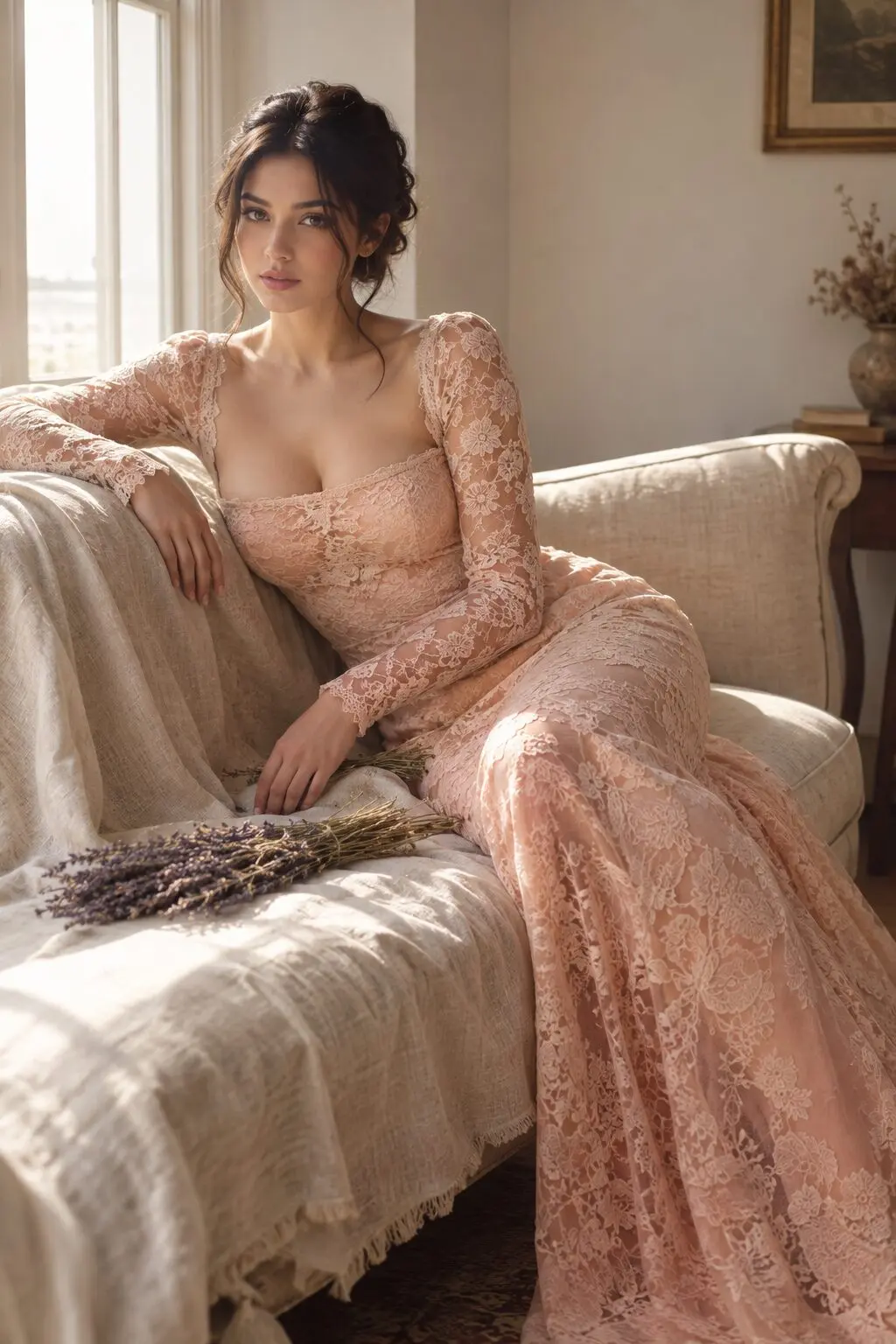 old hollywood prom dress: peach-gold lace illusion long-sleeve gown