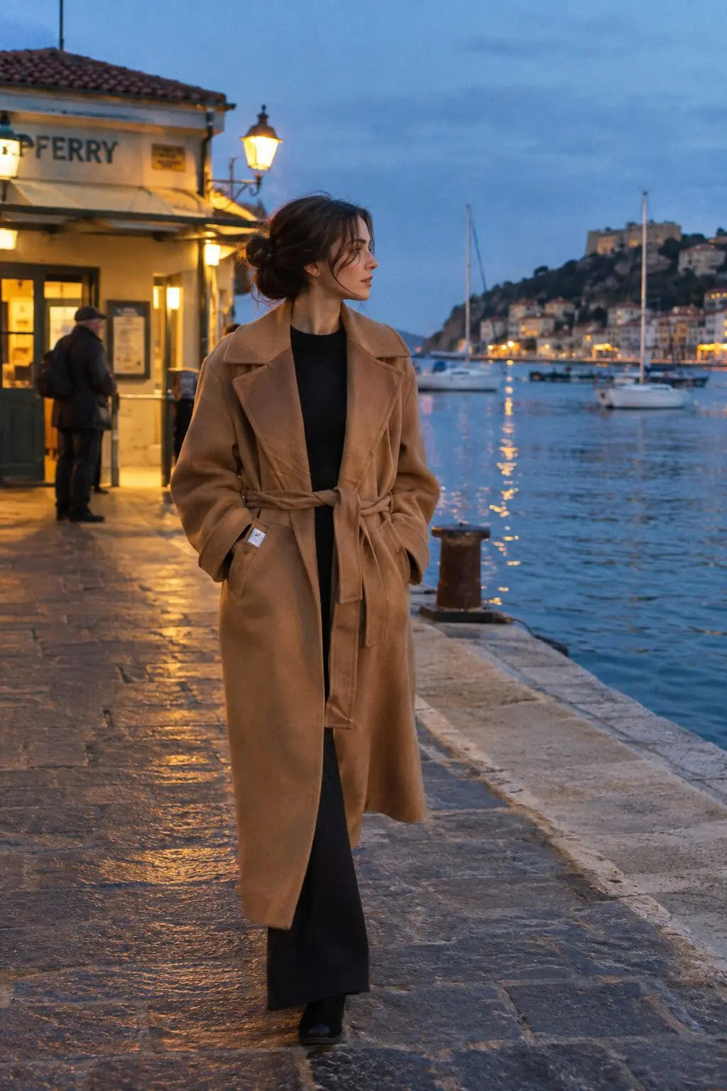 a woman in a belted camel wool wrap coat walking along a harbor promenade at dusk near a ferry terminal