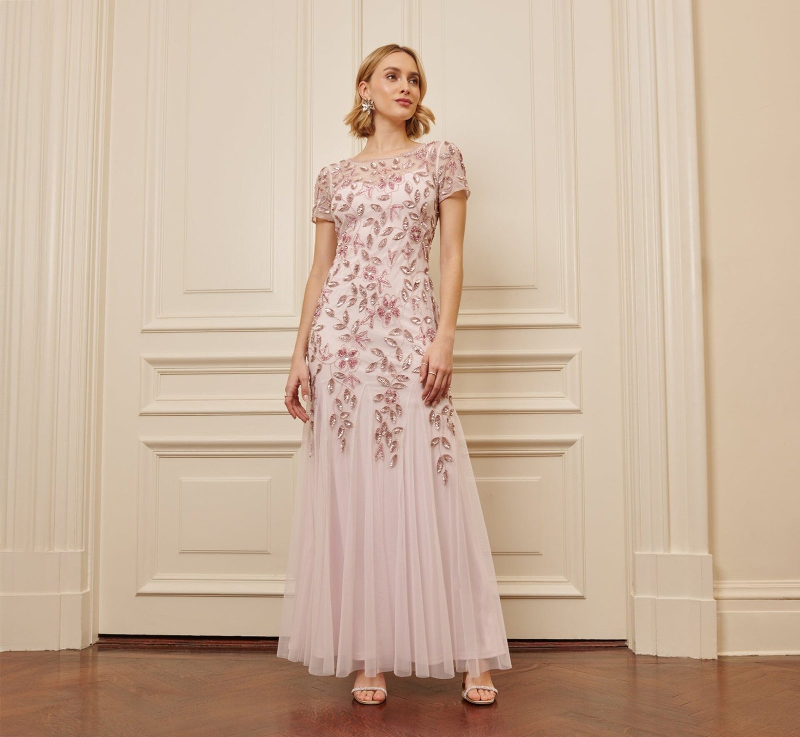 Hand Beaded Short Sleeve Godet Gown in Blush Pink