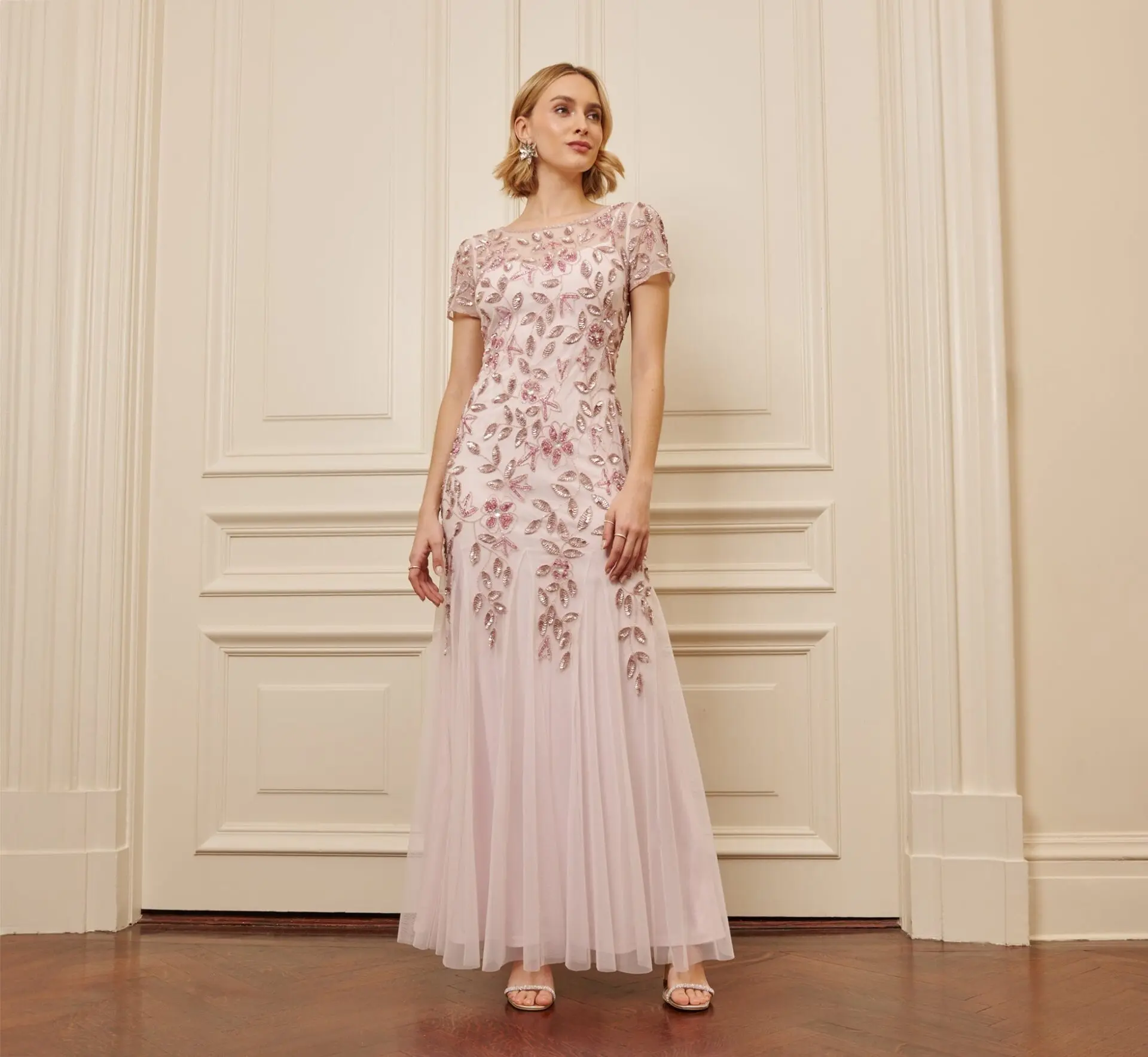 Hand Beaded Short Sleeve Godet Gown in Blush Pink