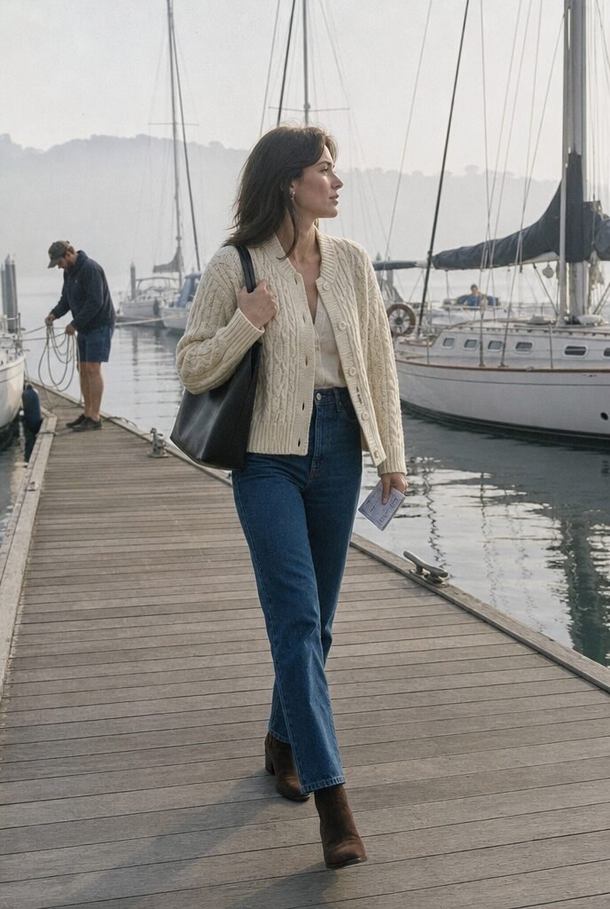 cream cardigan with jeans, ankle boots, and a black leather tote, comfortable fall travel outfit