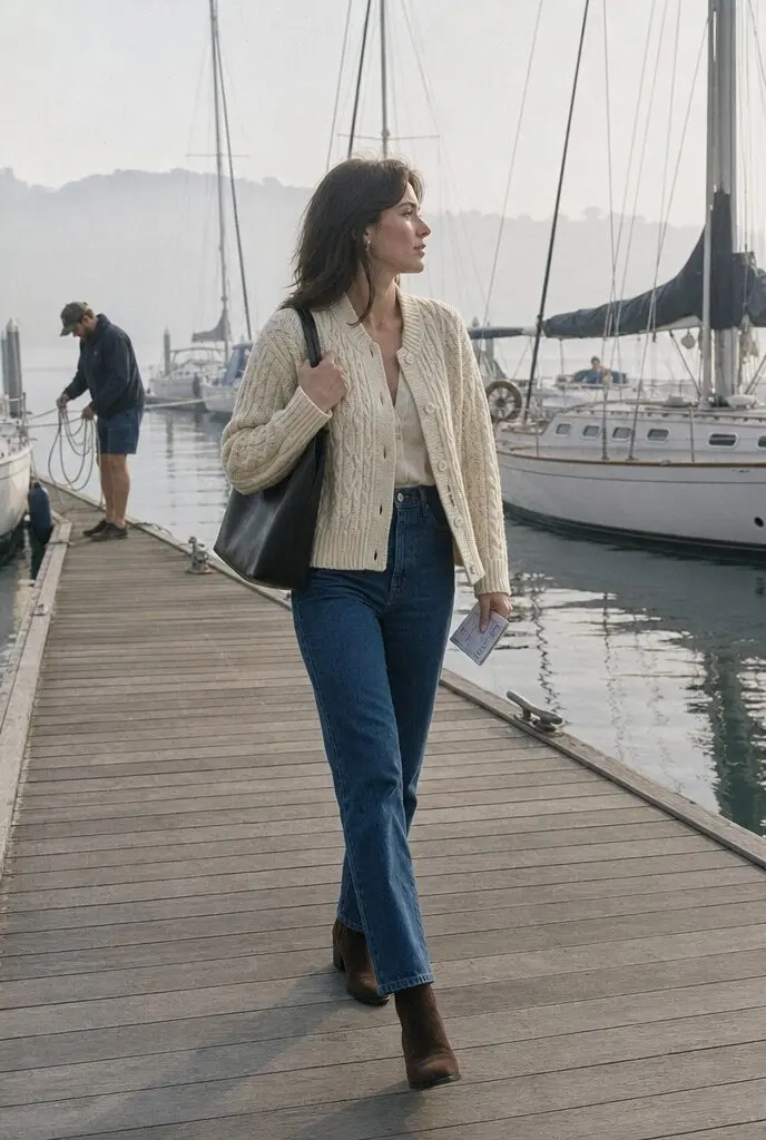 cream cardigan with jeans, ankle boots, and a black leather tote, comfortable fall travel outfit