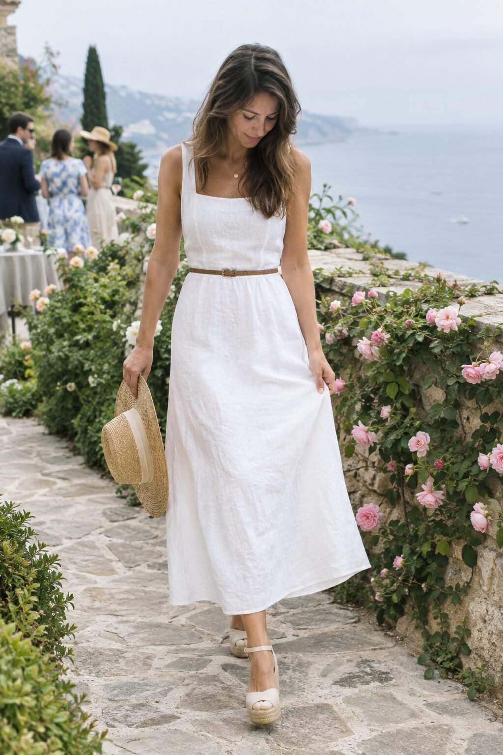 spring garden party outfit for meeting his family: relaxed white linen dress with ivory platform espadrilles