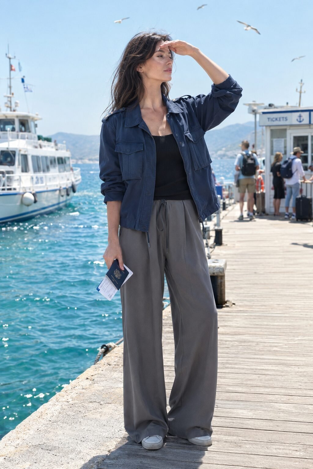 early fall travel outfit: navy field jacket over a black tank with grey trousers