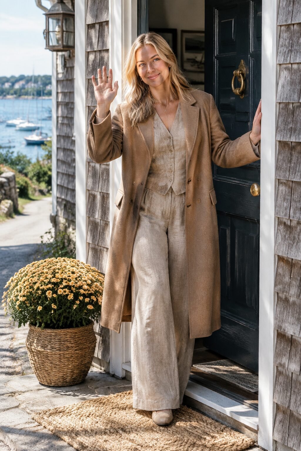 camel coat thanksgiving outfit for greeting guests: monochrome camel coat and trouser set