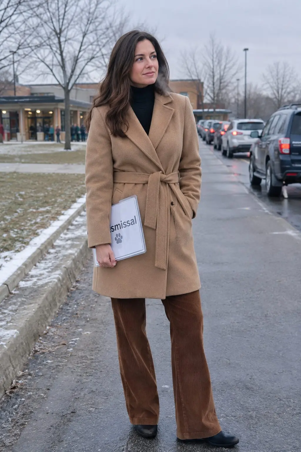 winter teacher outfit: camel wool coat, black turtleneck, and burgundy corduroy trousers