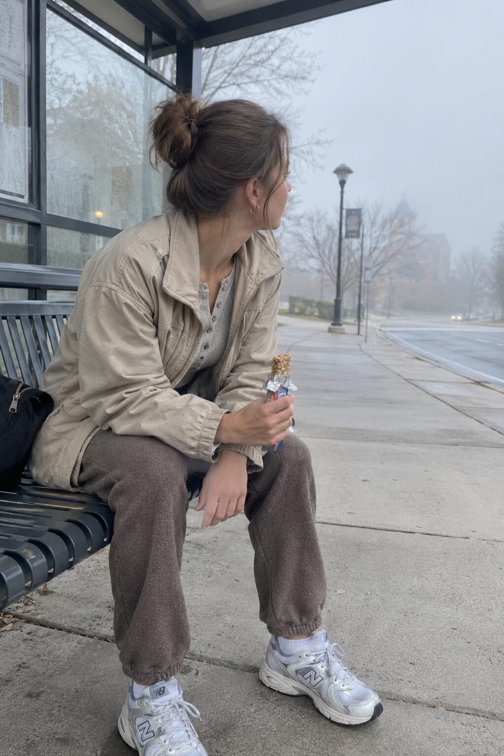 cold-weather college outfit: beige utility-style jacket over a heather oatmeal henley and taupe fleece joggers