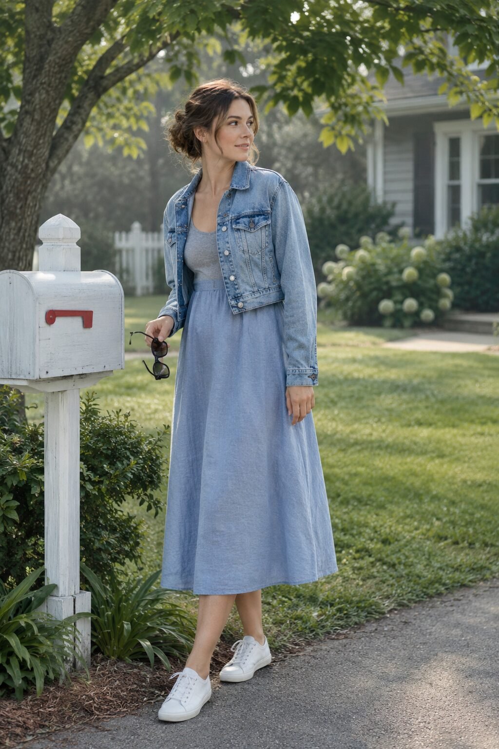 dusty blue linen dress and cropped denim jacket, a first day of school photo outfit