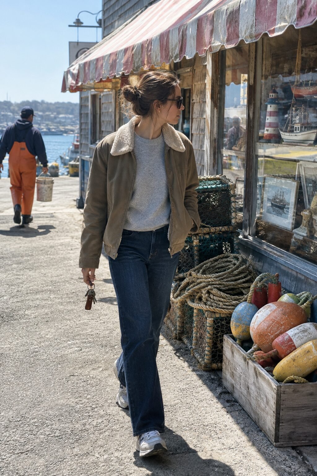 weekend classy winter outfit: khaki shearling-collar jacket, heather grey cashmere sweater, straight jeans