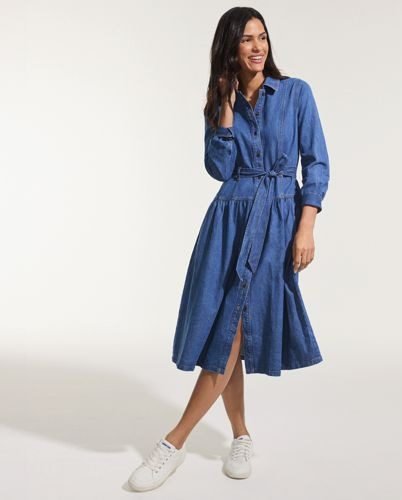 Women's Denim Button Front Midi Shirt Dress (Indigo Medium Wash)