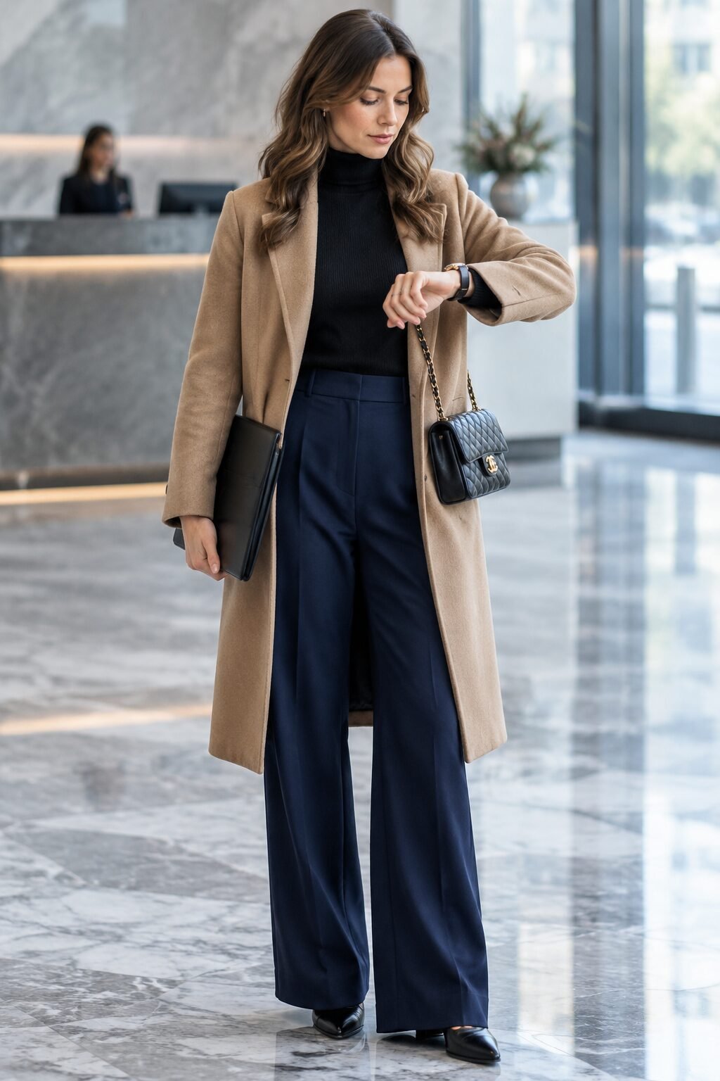 old money winter office outfit: black turtleneck, navy trousers, and camel wool wrap coat